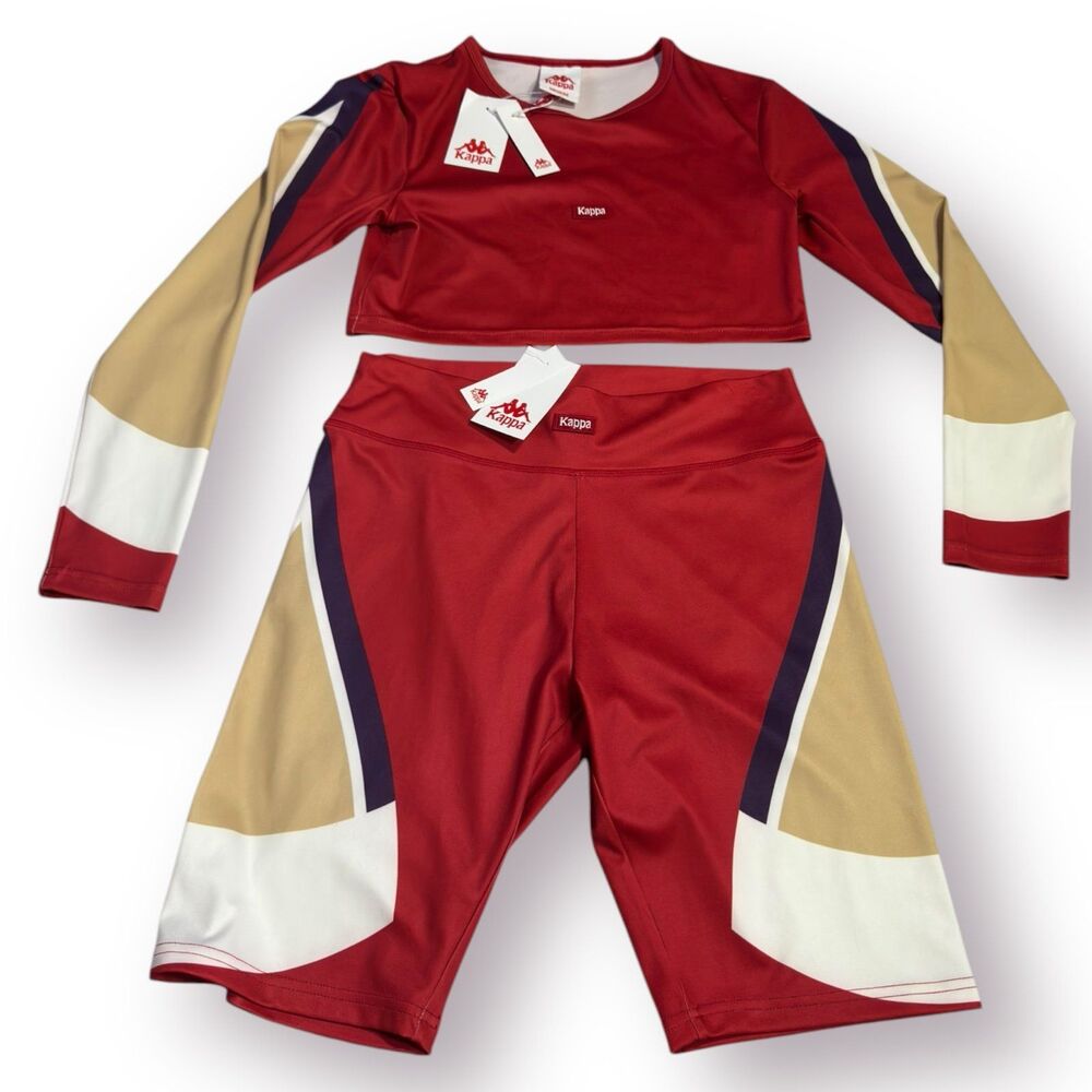 Kappa Red/Beige/White Gym Shorts and Crop Top Set‎ Size Medium Retro BNWT